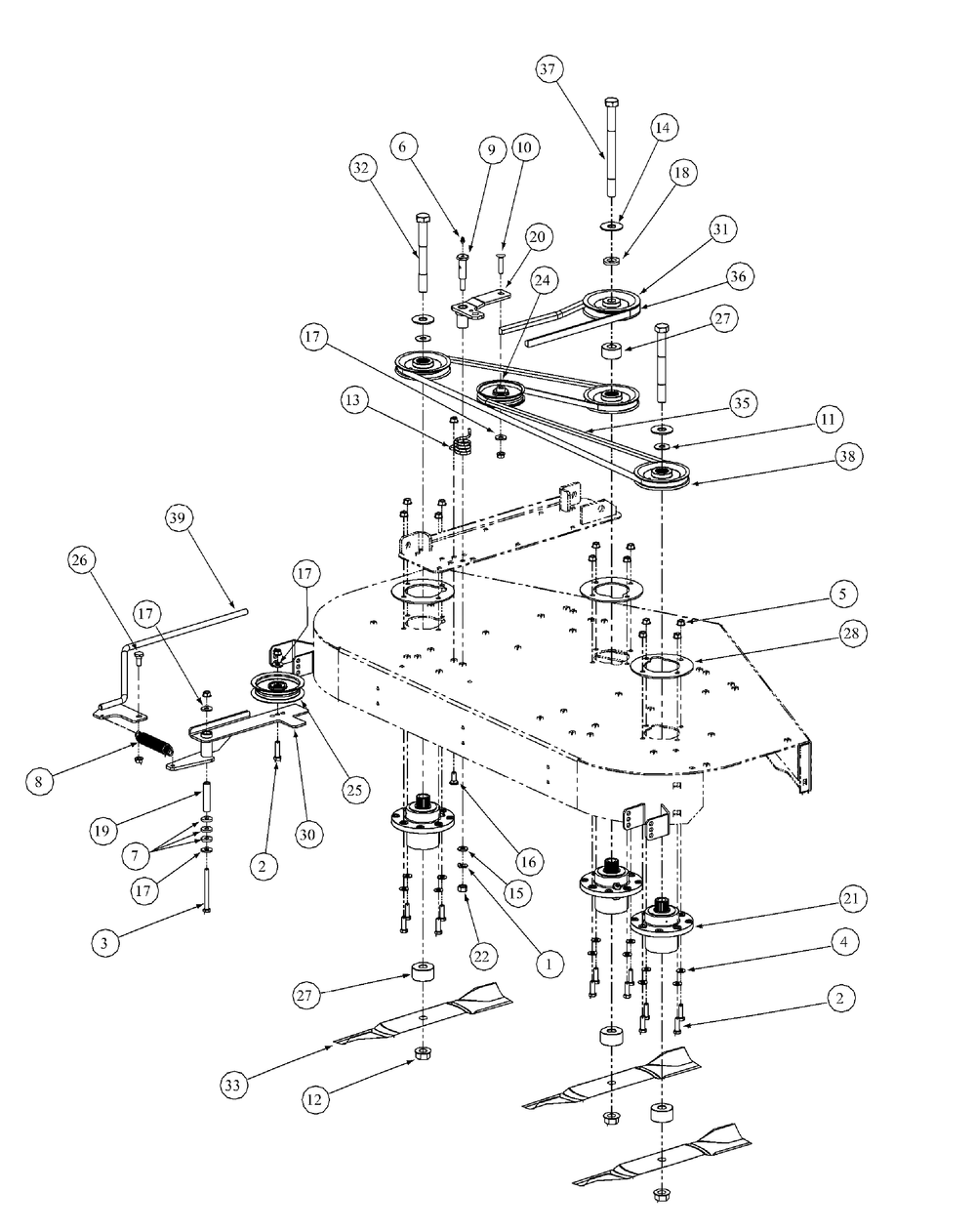 Fabricated Deck Spindle Assembly Diagram and Parts List for M54-KW 53BB5DBW750-23-HP Cub Cadet Lawn Tractor